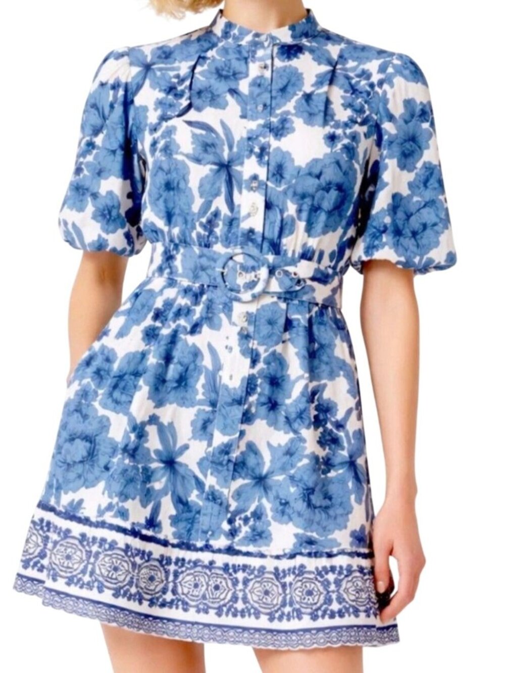 Joie Floral Dress Size 16 Blue & White Belted Puff Sleeve Button Front